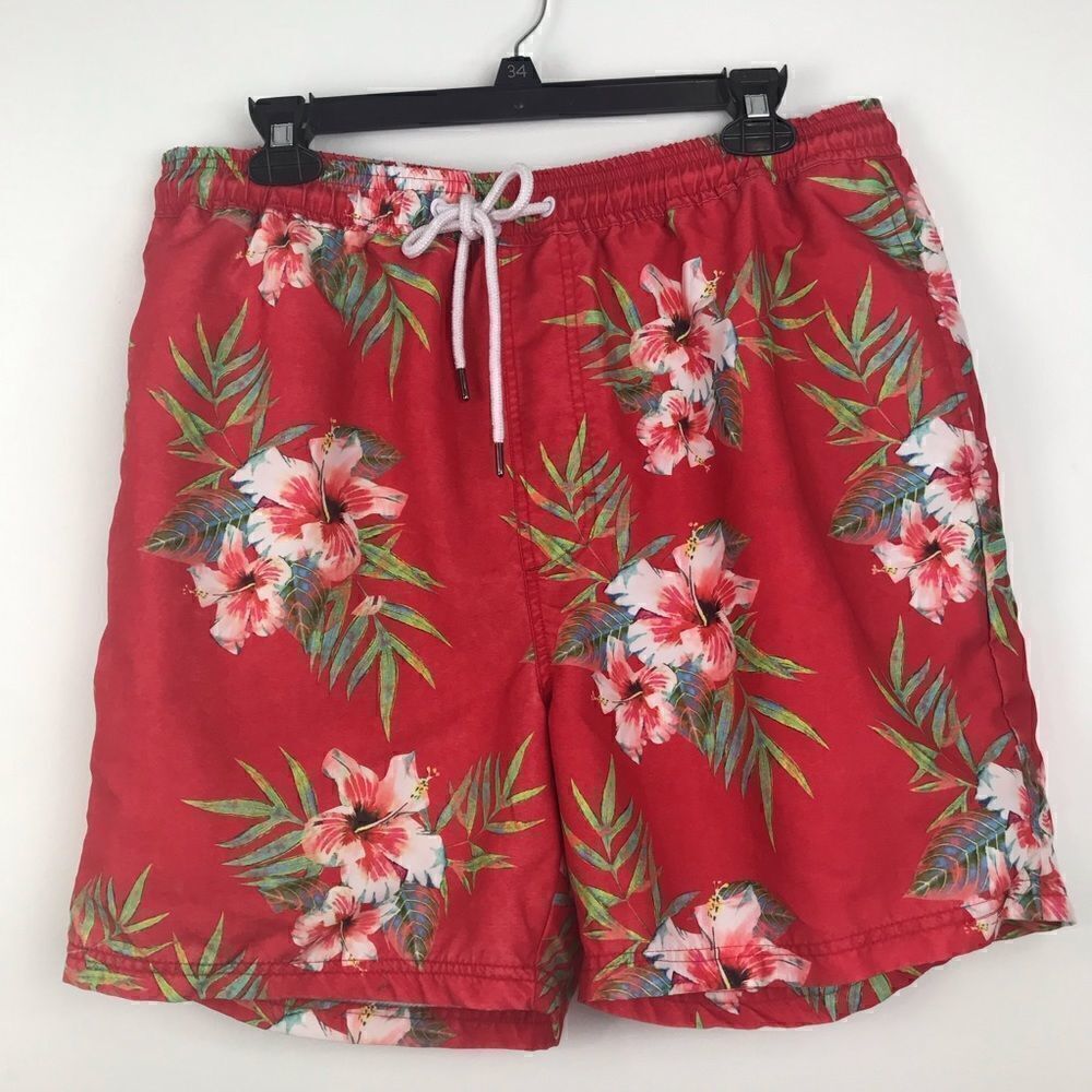 21 Men Red Hibiscus Floral Tropical Swim Trunks